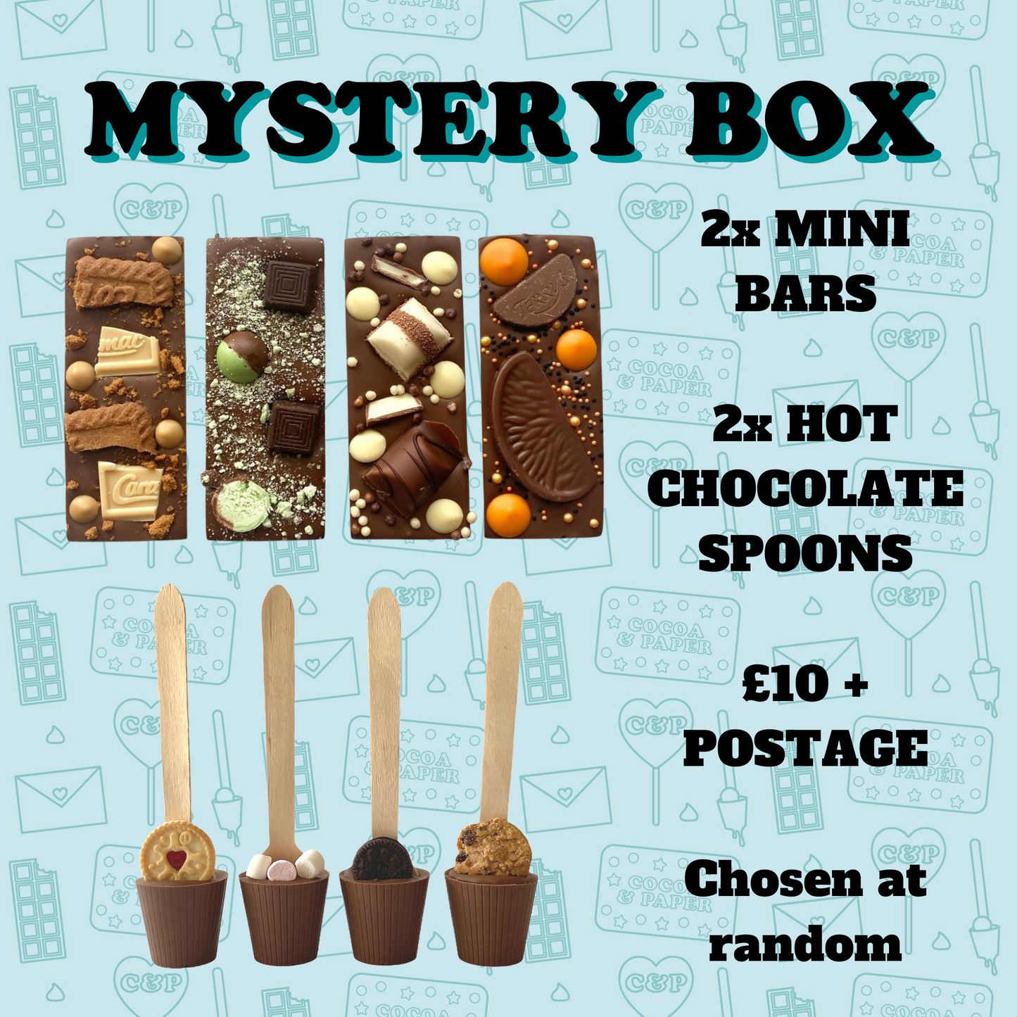 MYSTERY BOX 4 products - mini bars & hot chocolate spoons