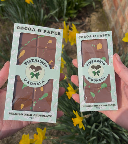 Pistachio & Kunafa Belgian Milk Dubai Viral Chocolate Bar 100g or 220g & Box