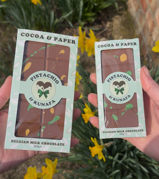 Pistachio & Kunafa Belgian Milk Dubai Viral Chocolate Bar 100g or 220g & Box