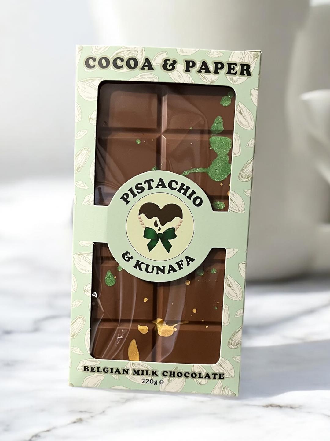 Pistachio & Kunafa Belgian Milk Dubai Viral Chocolate Bar 100g or 220g & Box