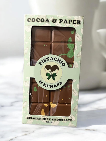 Pistachio & Kunafa Belgian Milk Dubai Viral Chocolate Bar 100g or 220g & Box