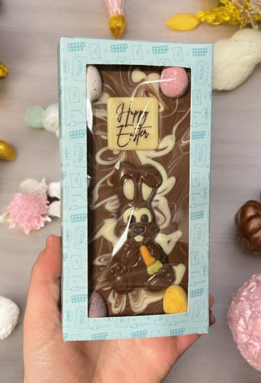 Bunny White Swirl Medium Belgian Milk Chocolate Bar with mini eggs