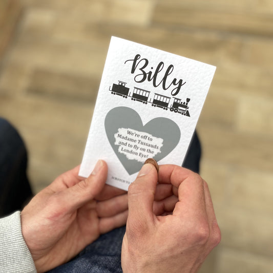 Personalised Holiday Train Announcement Scratch Reveal Greeting Card